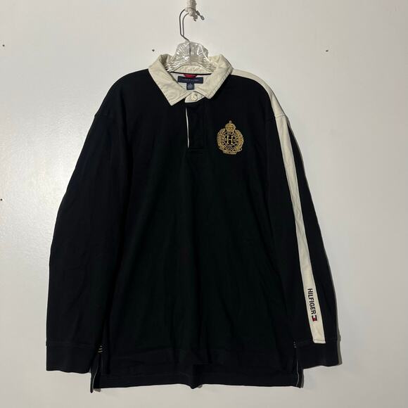 Vintage 90s Tommy Hilfiger Embroidered Black Long Sleeve Polo Men’s Size XL - Picture 1 of 8